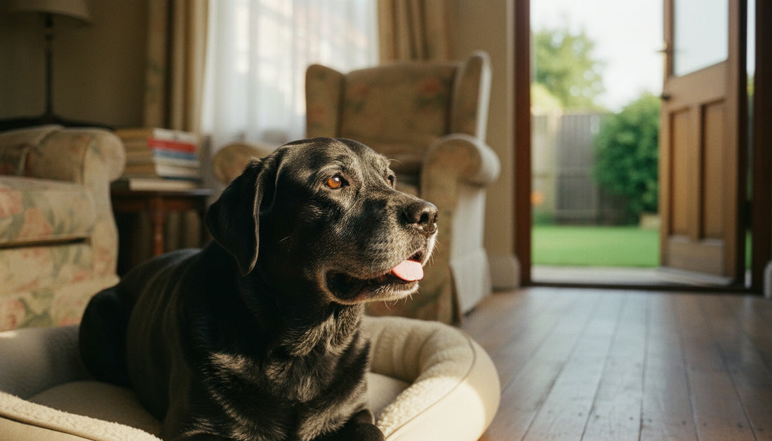 Senior dog in hot weather: an old black Labrador with a grey muzzle panting on his bed in a sunlit living room