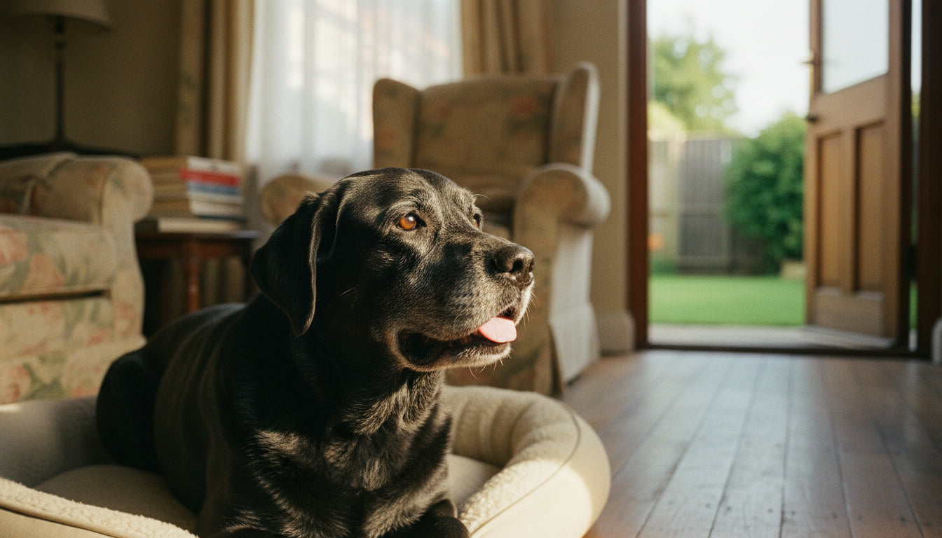 Senior dog in hot weather: an old black Labrador with a grey muzzle panting on his bed in a sunlit living room