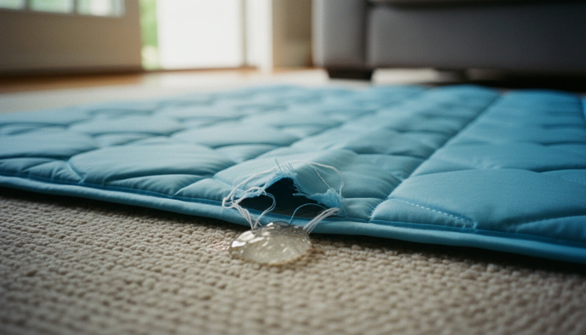 Dog chewed cooling mat: a torn corner of a blue cooling mat with clear gel leaking onto a living room rug