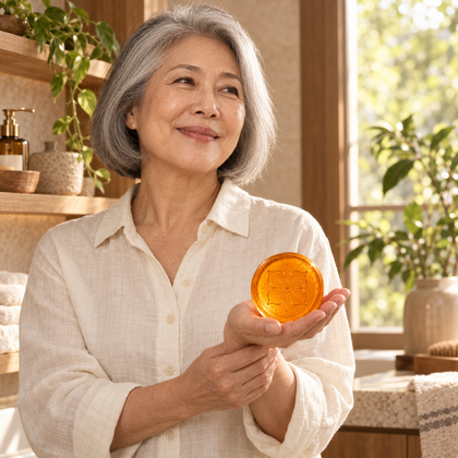 Illustrative lifestyle scene of an adult holding the amber HADAKI soap