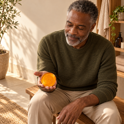 Illustrative lifestyle portrait of an adult with a HADAKI soap in hand