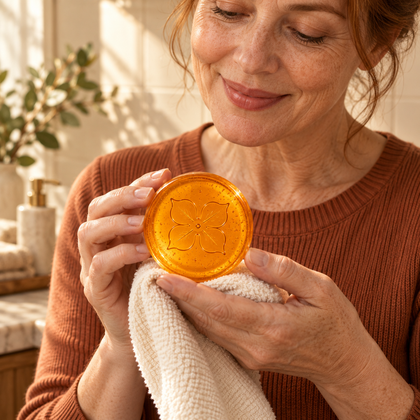 Illustrative everyday care scene featuring an adult holding HADAKI soap
