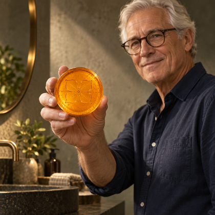 Illustrative personal care portrait with a HADAKI soap held in the hands