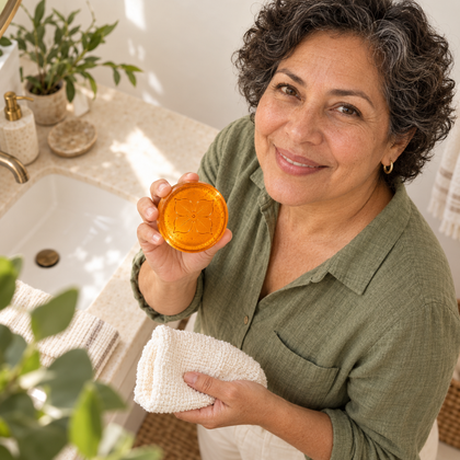 Illustrative quiet daily ritual with an adult holding HADAKI soap
