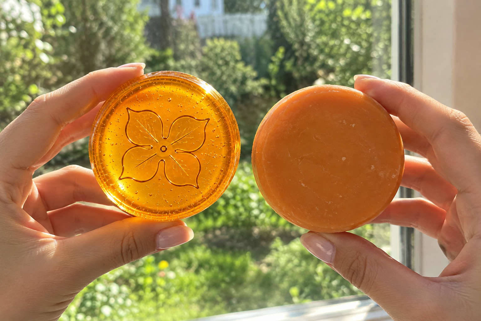 Two soap bars held up to a window: the left one translucent amber with the pressed calyx mark and light glowing through it, the right one opaque orange blocking the light