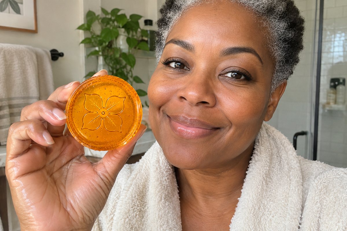 Holding the HADAKI persimmon soap bar