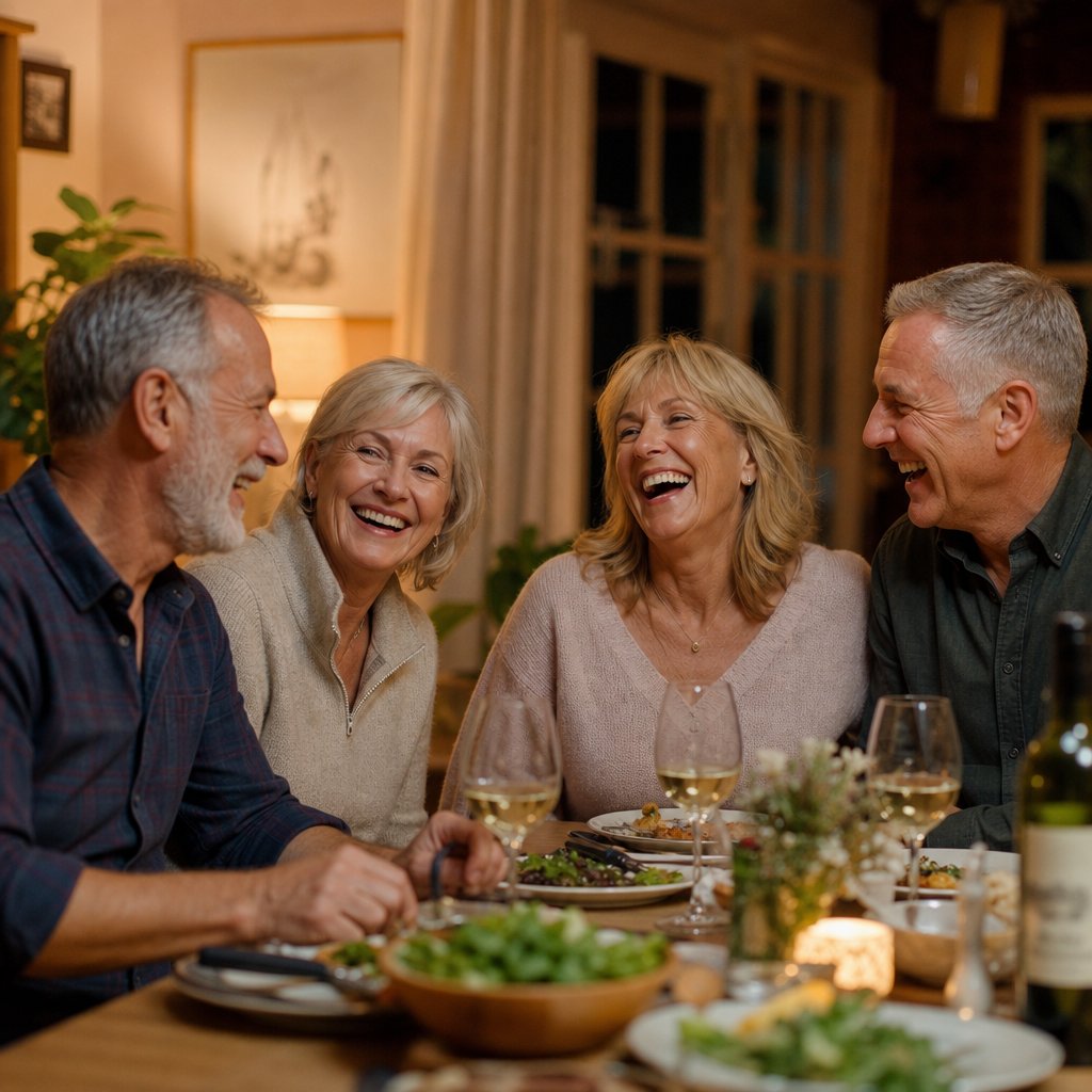 Friends laughing together at dinner