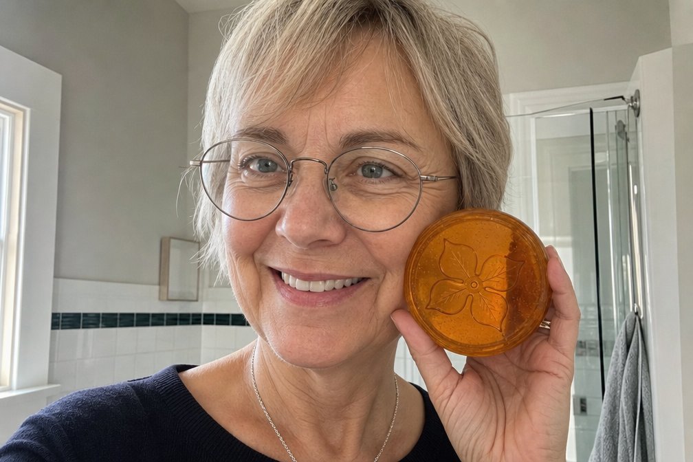Holding the HADAKI persimmon soap bar